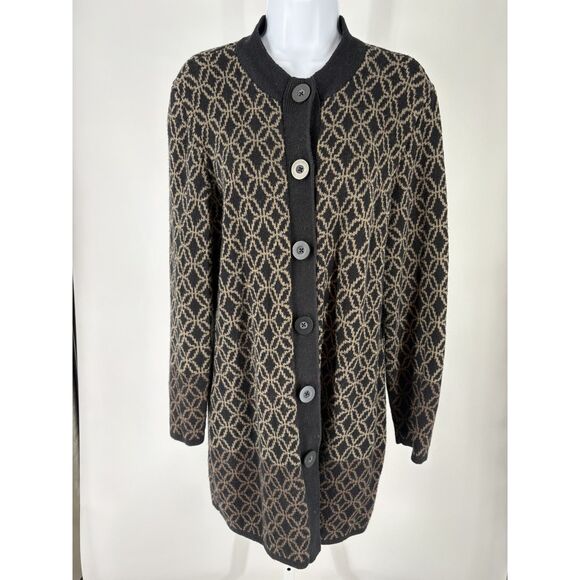 Nomadic Traders Sweaters - Black & Tan Geometric Print Longline Cardigan Sweater Button Front